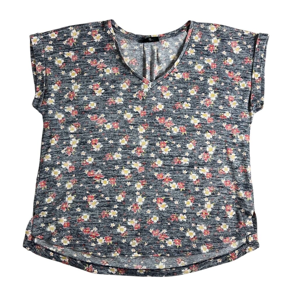 Bobeau Women's Floral Knit Tee Top Size L Navy Yellow & Coral